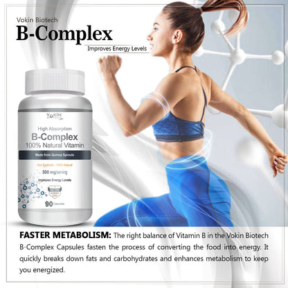 Vitamin B-Complex supplement bottle with a woman running and text about faster metabolism.