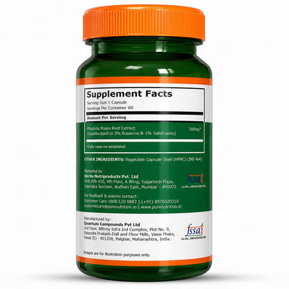 Pure Nutrition Rhodiola Rosea Root Extract (500mg) - 60 Veg Capsules | Standardized to 3% Rosavins & 1% Salidroside | Supports Energy, Focus, Relaxation & Cognitive Health
