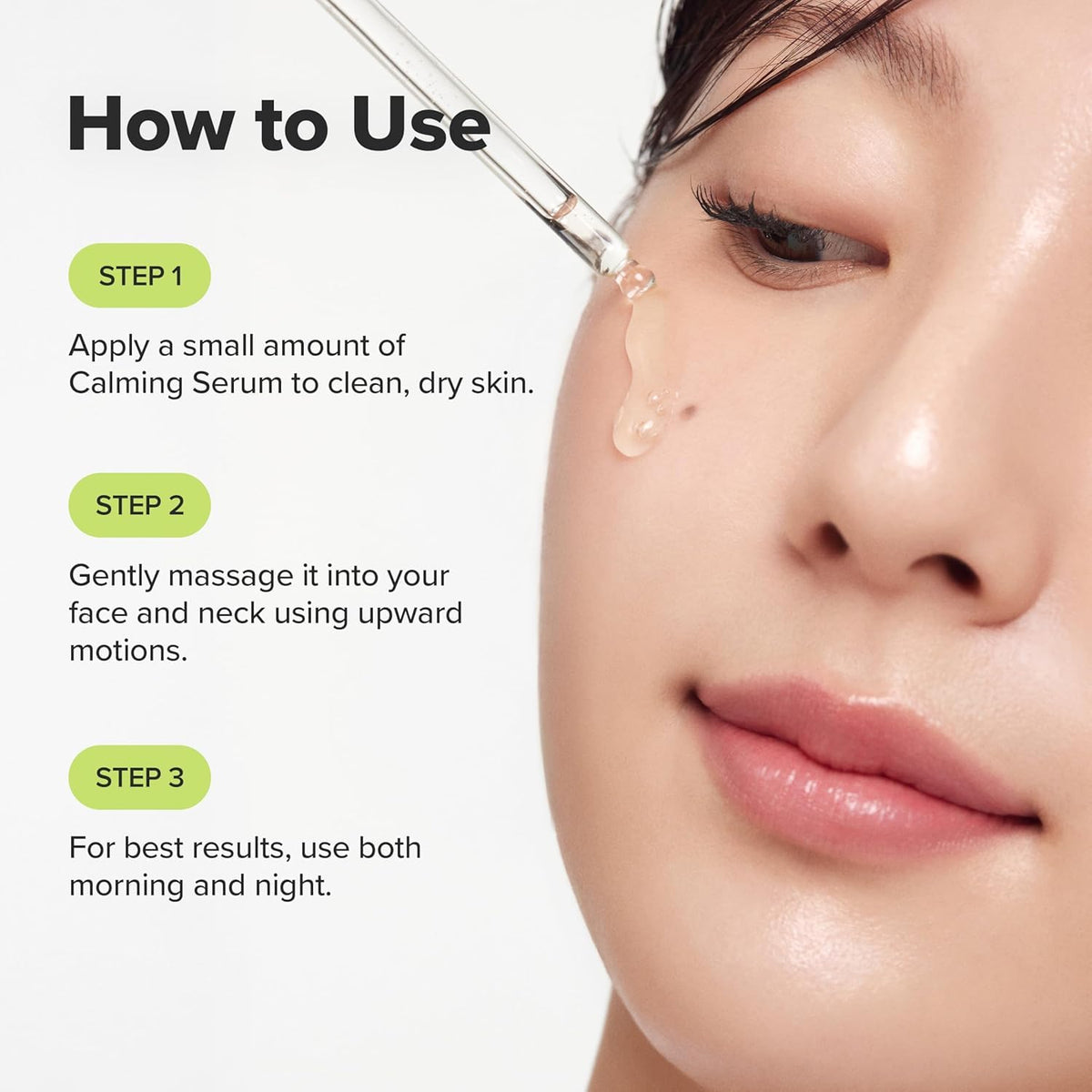 Instructions on how to use a calming serum with a close-up of a woman's face.