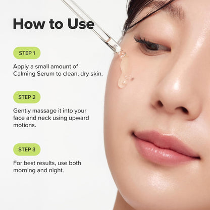 Instructions on how to use a calming serum with a close-up of a woman's face.