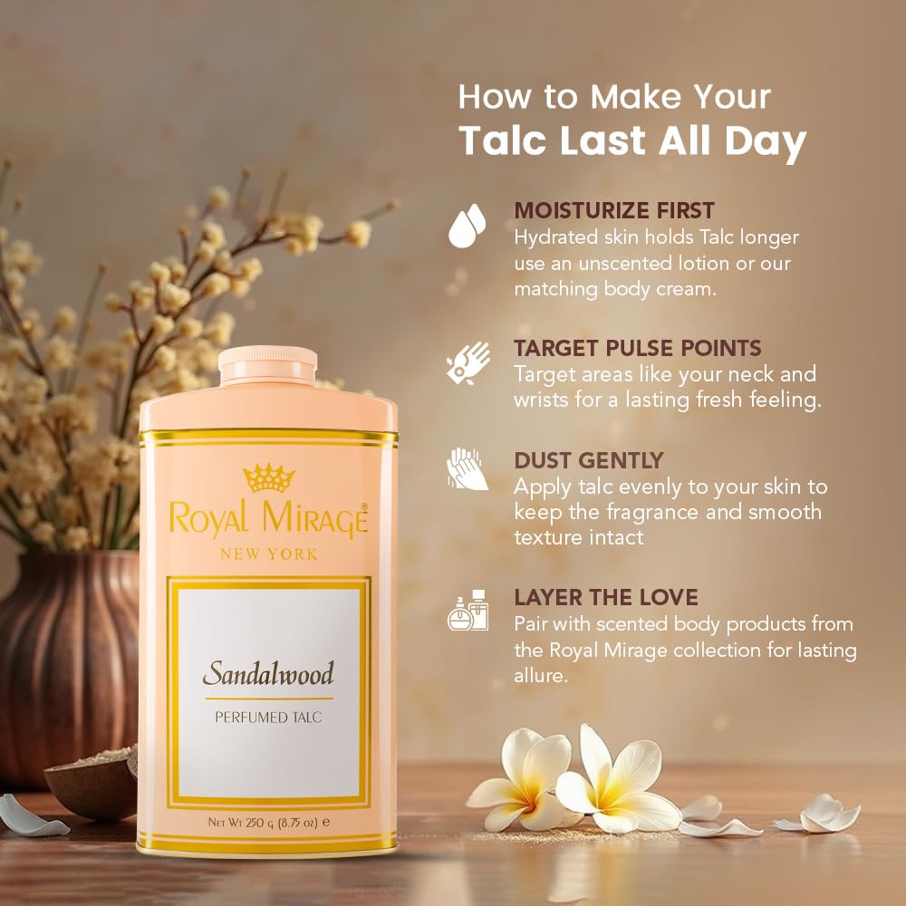 Royal Mirage Sandalwood Deodorizing Talc | Silky Soft & Fresh Skin | Jasmine, Sandalwood & Vanilla Notes | Perfumed Talc | Long-Lasting Comfort & Fragrance | Talcum Powder for Women | 250gm