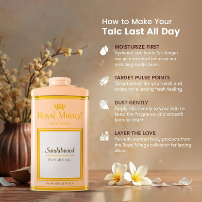 Royal Mirage Sandalwood Deodorizing Talc | Silky Soft & Fresh Skin | Jasmine, Sandalwood & Vanilla Notes | Perfumed Talc | Long-Lasting Comfort & Fragrance | Talcum Powder for Women | 250gm