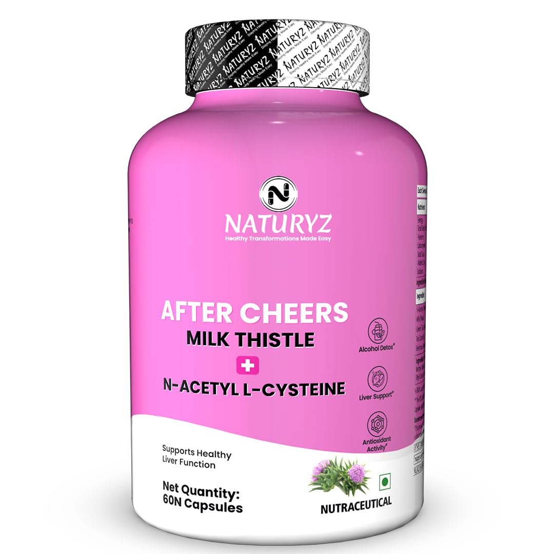 Pink supplement bottle labeled 'After Cheers Milk Thistle' with Naturyz branding on a white background