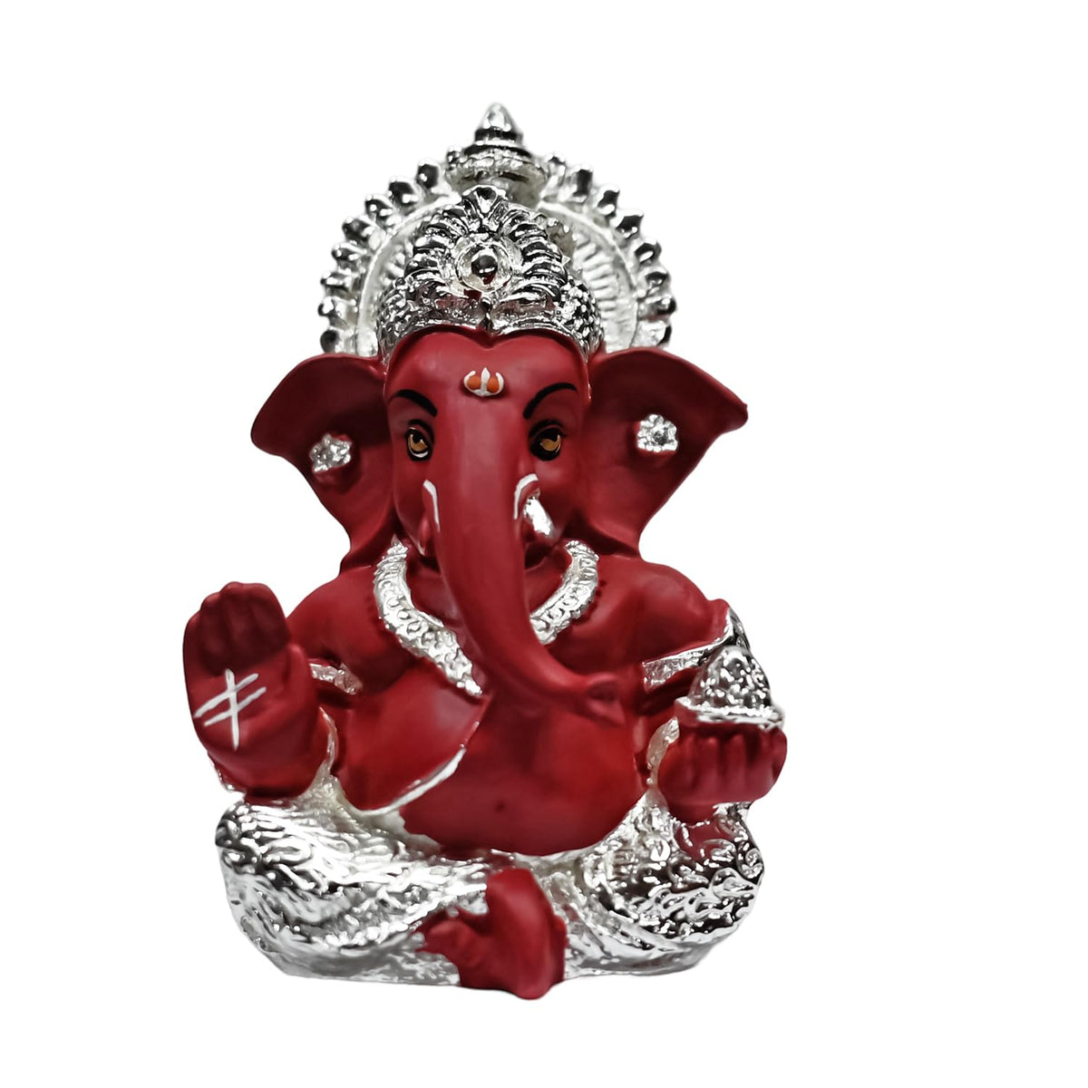 999 Silver Plated Ganesh Idol for Office Desk Puja Room God Ganesha Idol for Home Decor Ganpati for Gift 3.5 inches (8.89 x 5.08 cm) (Mukut Silver red), Religious