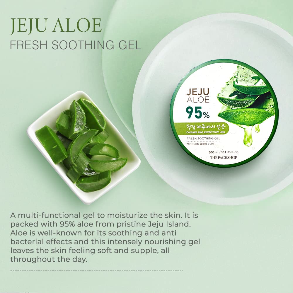 Jeju Aloe Fresh Soothing Gel packaging with aloe vera leaves on a light green background