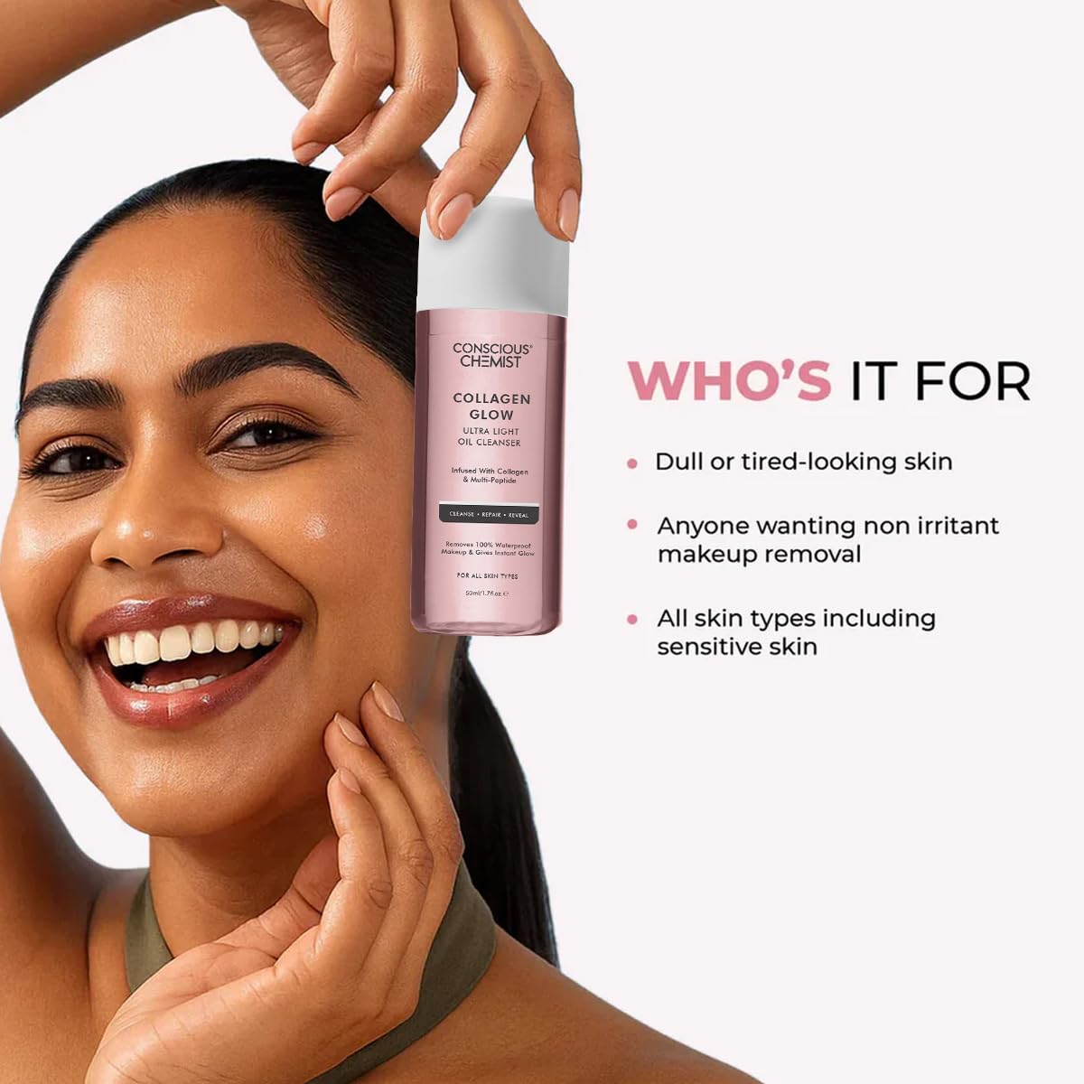 Woman applying skincare product with a bottle of Concealer Chemist Collagen Glow Cleanser on a white background.