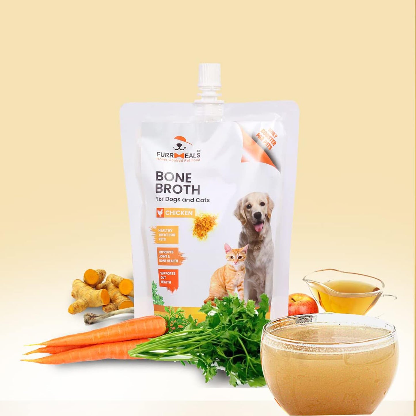 FurrMeals Chicken Bone Broth for Dogs & Cats | Food Topper for Picky Eaters | Rich in Natural Collagen for Bone & Gut Health | Hydration Support | Human Grade | No Preservatives | 300ml
