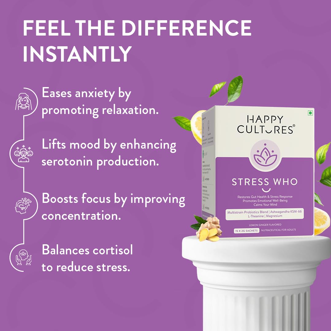 Happy Cultures Stress Who - Ashwagandha KSM66, Magnesium & L-Theanine, Probiotics blend, Anxiety & Stress Relief For Men & Women | Supports Relaxation | Clinically tested, No Side Effects | Lemon & Ginger Flavored - 15 x 2g (Sachets)