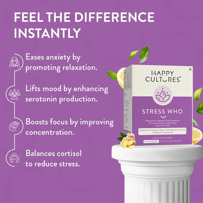 Happy Cultures Stress Who - Ashwagandha KSM66, Magnesium & L-Theanine, Probiotics blend, Anxiety & Stress Relief For Men & Women | Supports Relaxation | Clinically tested, No Side Effects | Lemon & Ginger Flavored - 15 x 2g (Sachets)