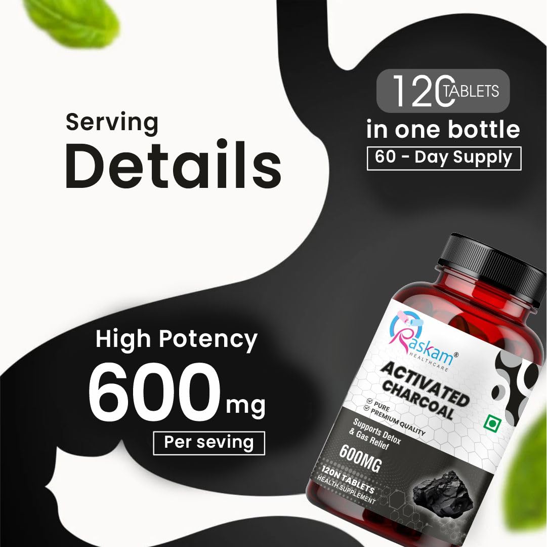 Activated Charcoal 600mg – Natural Detox & Digestive Cleanser | Supports Bloating Relief & Gas | 120 Vegan Tablets