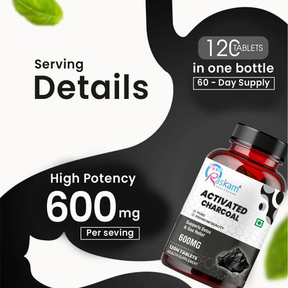 Activated Charcoal 600mg – Natural Detox & Digestive Cleanser | Supports Bloating Relief & Gas | 120 Vegan Tablets