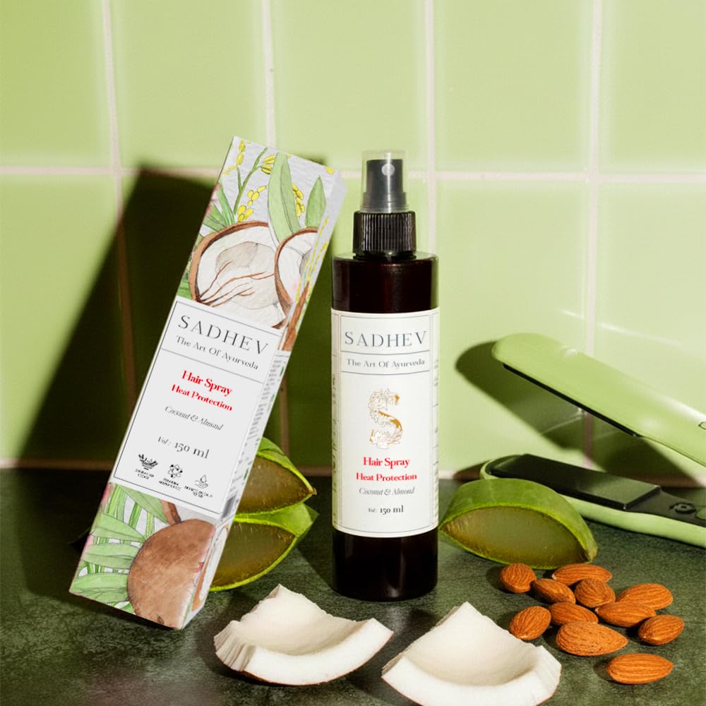Sadhev Ayurvedic Heat Protection Hair Spray | Shields from Heat Damage | Enriched with Coconut & Almond | Prevents Breakage & Frizz | For All Hair Types (150ml)