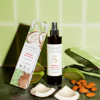 Sadhev Ayurvedic Heat Protection Hair Spray | Shields from Heat Damage | Enriched with Coconut & Almond | Prevents Breakage & Frizz | For All Hair Types (150ml)