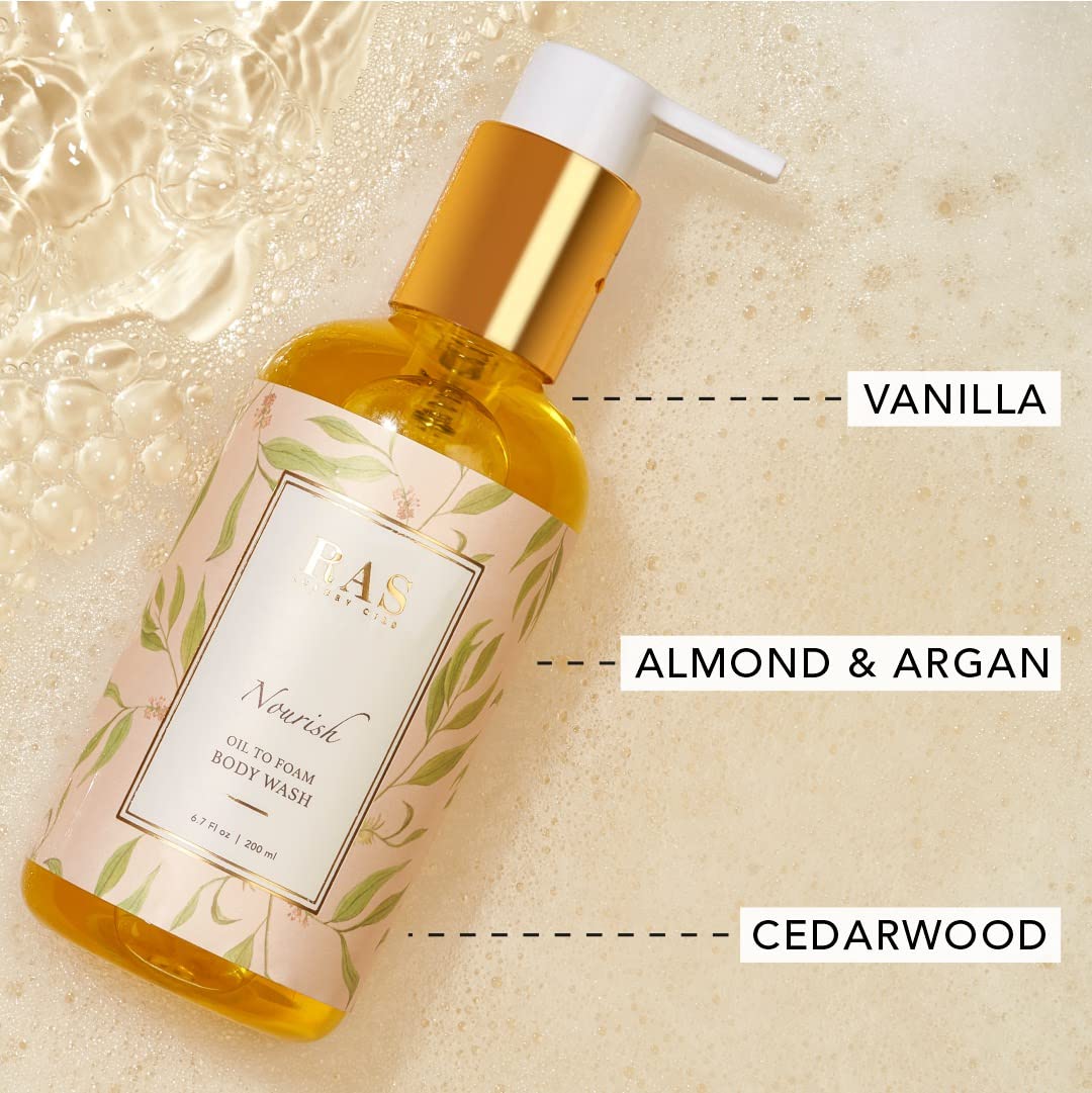 RAS Luxury Oils Nourish Hydrating & Purifying Body Wash,Sulphate Free,Moroccan Argan Oil & vanilla; Purifies & hydrates; Oil to foam body wash; For Men & Women; 200ml