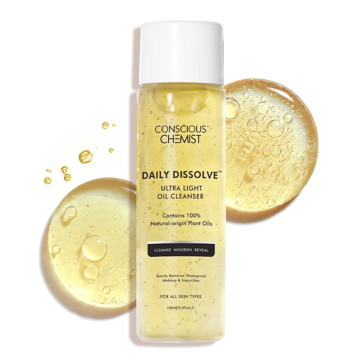 Bottle of Conscious Chemist Daily Dissolve Ultra Light Oil Cleanser with oil droplets on a white background
