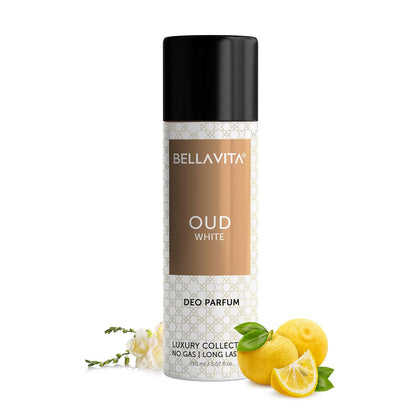 Bellavita Oud White deodorant spray with lemons and flowers on a white background