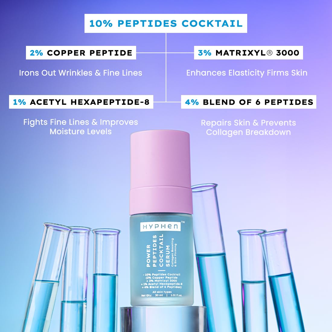Hyphen peptides cocktail serum with ingredients listed on a blue background