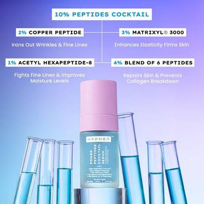 Hyphen peptides cocktail serum with ingredients listed on a blue background