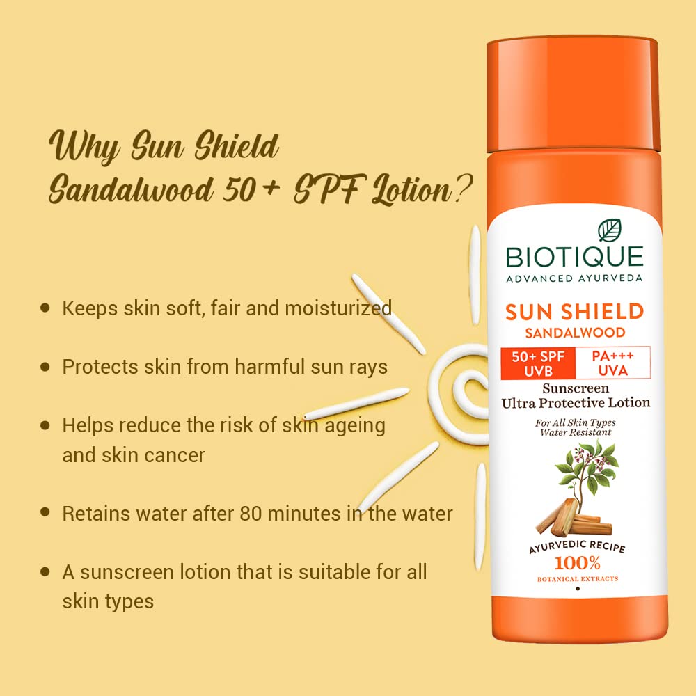 Biotique Sun Shield Sandalwood SPF 50+ sunscreen lotion on a beige background with product features listed.
