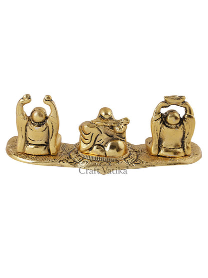 Metal Laughing Buddha Statue for Money, Wealth, Fengshui Vastu and Good Luck (Golden, 7.5 Inches Length x 2.8 Inches Height x 3 Inches Width), Idol