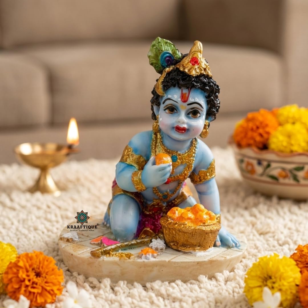 Baby Krishna Idol for Home Temple & Pooja Room | Laddu Gopal Murti, Bal Gopal Makhan Chor Statue, Marble Dust Krishna Showpiece for Mandir Decor, Janmashtami Gift, Car Dashboard Decoration (4 Inch)