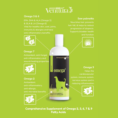 Venttura Omega+ Comprehensive Supplement of 2, 3, 6, 7 & 9 Omega Fatty Acid for Dogs | Healthy Skin, Glowing Coat and Boosting Health | for All Life Stages | Omega 2+3+6+7+9, Fish Oil | (250 ml Oil)