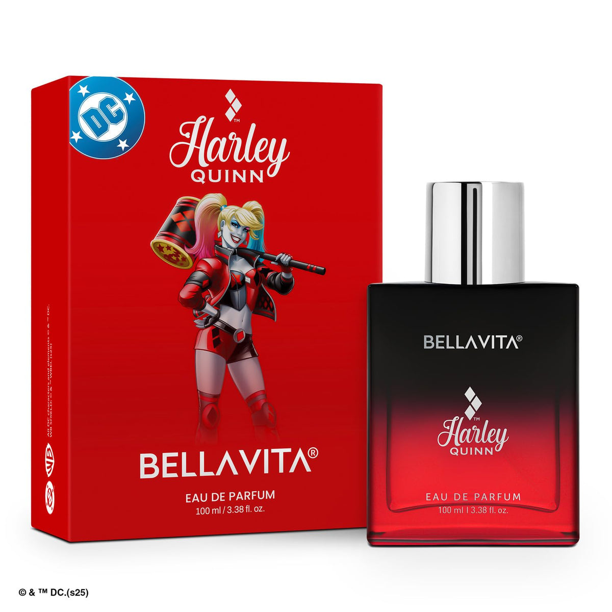 Harley Quinn themed Bellavita perfume packaging on a white background