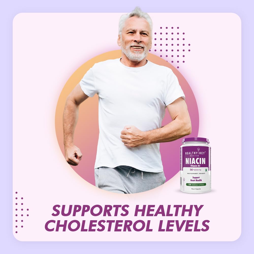 Man flexing muscles with a supplement bottle labeled 'Healthy Rey Niacin' on a colorful background