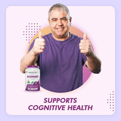Man giving thumbs up with a supplement bottle labeled 'Rosemary' on a purple background