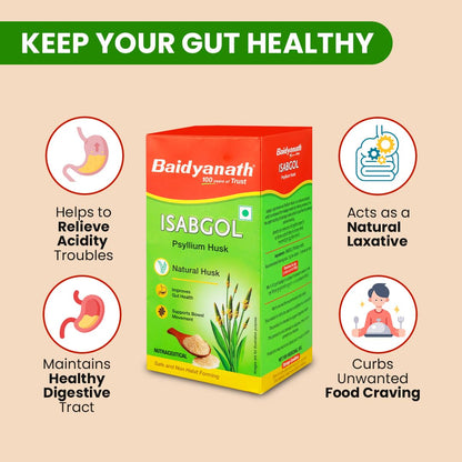 Baidyanath Isabgol packaging with health benefits on a beige background