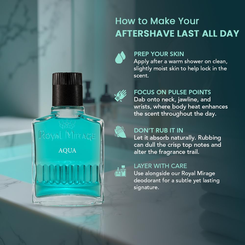 Blue aftershave bottle with usage instructions on a blurred bathroom background