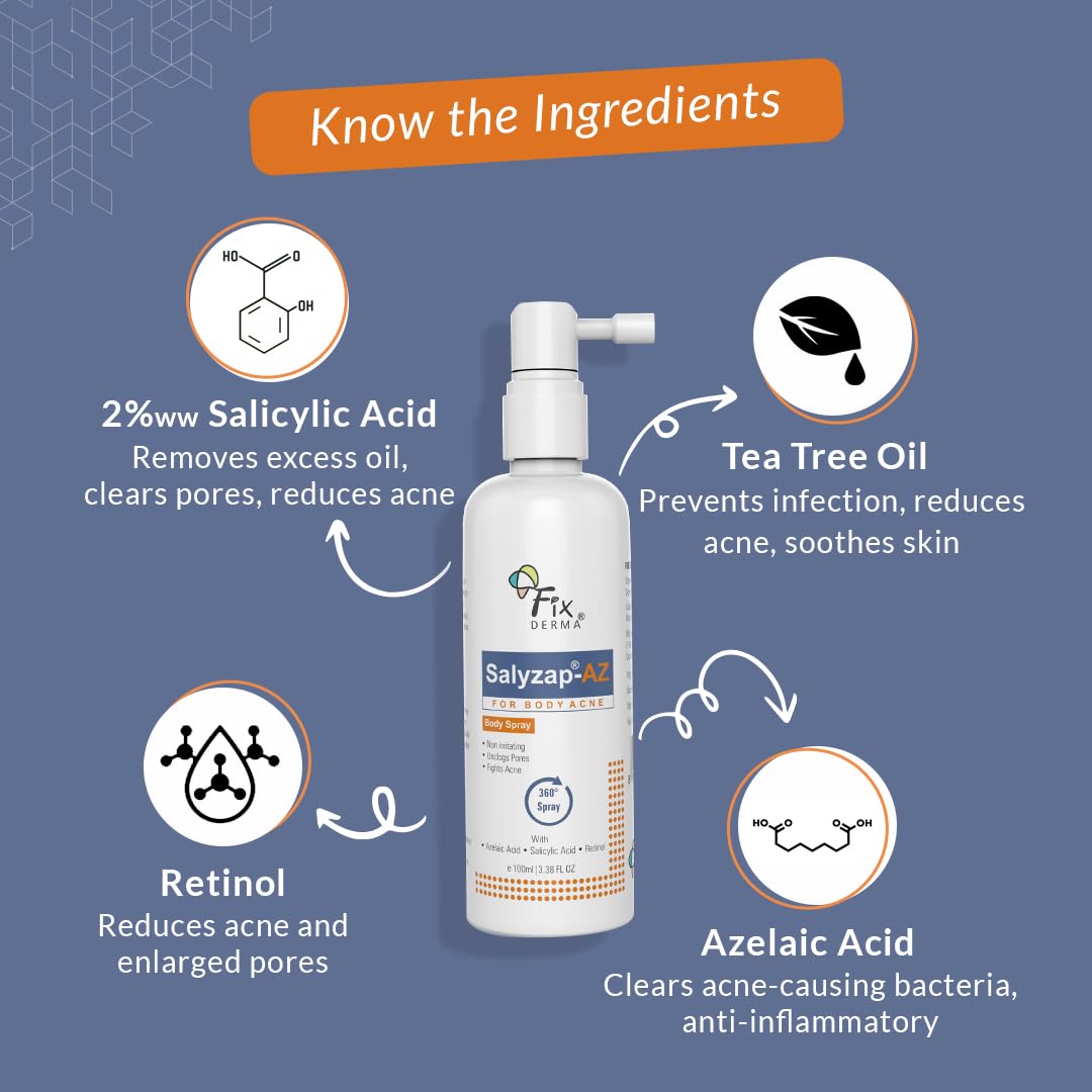 Fixderma Salyzap 2% w/w Salicylic Acid Acne Body Wash 200ml and AZ Acne Body Spray 100ml