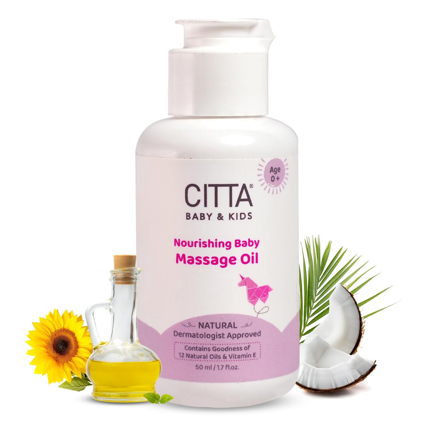 CITTA Natural Baby Massage Oil for New born & Kids | Enriched With Coconut, Olive & Almond oil for baby massage | Promote sleep and growth | Non-Sticky Baby Oil | 50 ml