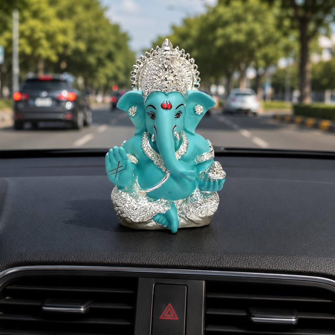Gold Art India 999 Silver Plated Ganesh Idol for Car Dashboard God Ganesha Idol for Home Decor Ganpati for Gift 3.5 inches (Silver) (Silver Fountain Blue)