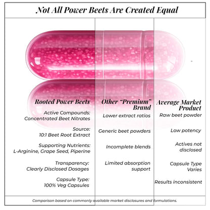 Rooted Actives Power Beets Capsules | Boost Energy, Stamina & Blood Circulation | Nitric Oxide Support | With L-Arginine & Grape Seed | 60 Veg Caps