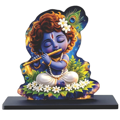 Wooden Bal Krishna Playing Flute | Spiritual Tabletop Showpiece for Home, Office Desk, Temple, Living Room Decor, Religious Gift Item (5.6 x 6 Inch)