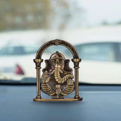 Gajanan Ganesh Ji with Artistic Frame Idol for Car Dashboard – Brass Finish Hindu God Murti Spiritual Ganpati Ji Showpiece for Home & Travel (S976-BRS)