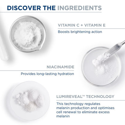 Ingredients of a skincare product with text explaining their benefits on a white background.