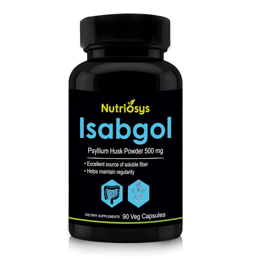 Nutriosys Isabgol 500mg Supplement | Supports Digestive Health | Helps Manage Glucose Levels | Natural Soluble Fiber | From Psyllium Husk | 90 Veg Capsules