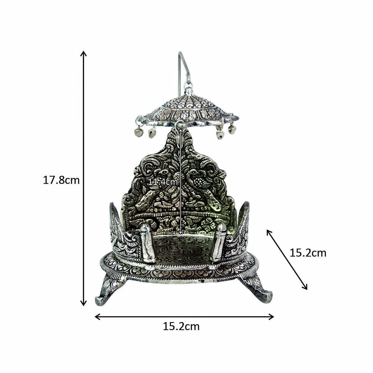 Metal Singhasan with Chhatra Antique Silver Finish Divine Peacock Design Pooja Chowki Seat for Laddu Gopal Temple Decoration - 7 Inch