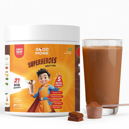 Good Monk Superheroes Milk Mix (Chocolate) - India' Lowest Sugar Milk Mix | Boosts Energy, Immunity, Brain, Eye & Gut Health for Kids (5+ Years) | 21 Serves