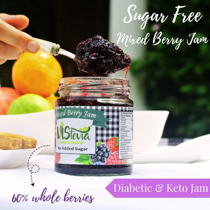 Vistevia Sugar Free Mixed Berry Jam, Diabetic and Keto Friendly - Sweetened Naturally with Stevia, More Than 60% Berries Content - Tastes Delicious - Pack of 1 (220GM )