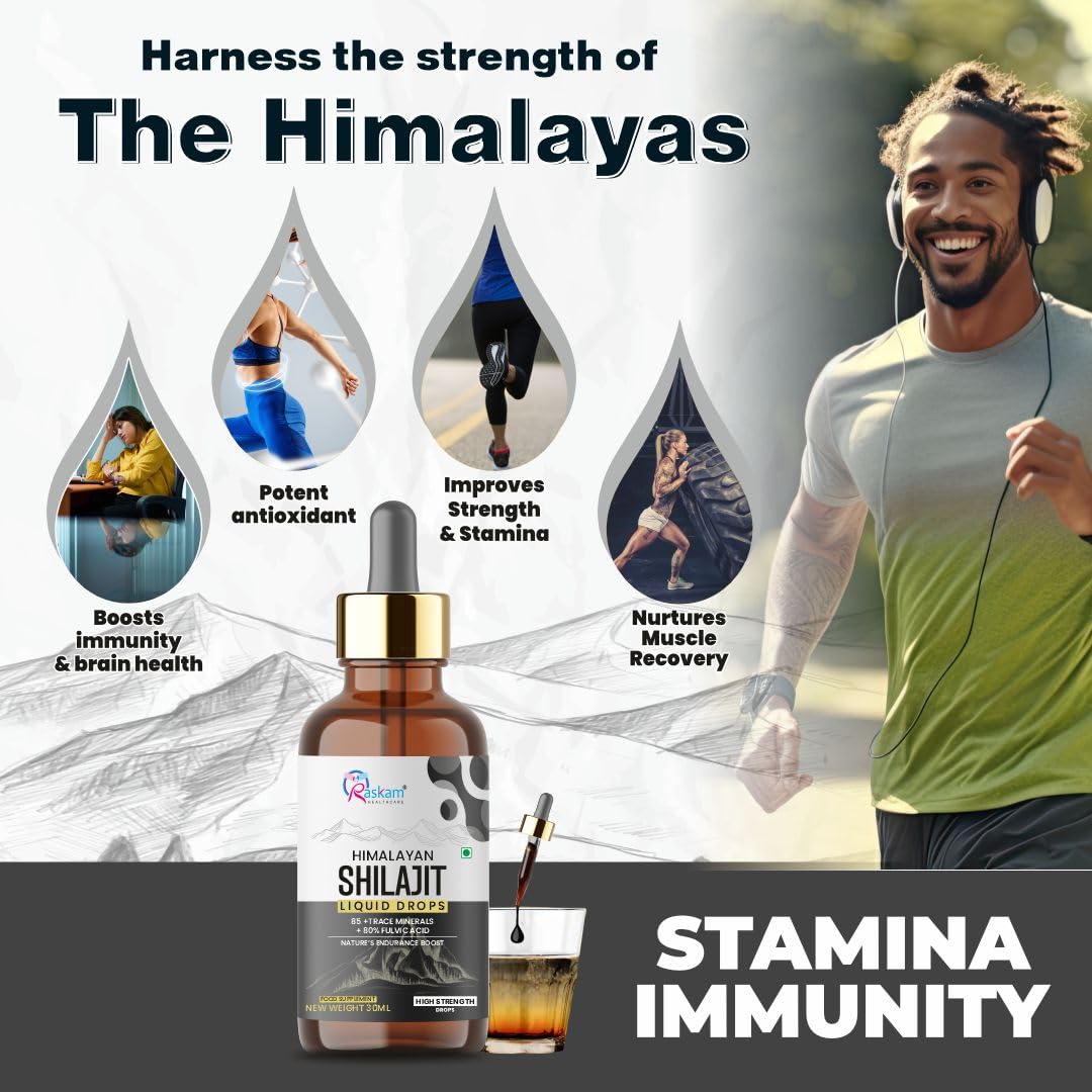 Promotional image of a Shilajit product with a man exercising and text highlighting benefits.