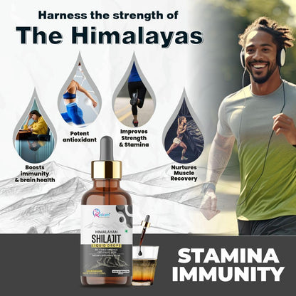 Promotional image of a Shilajit product with a man exercising and text highlighting benefits.