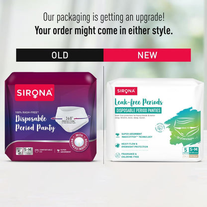 Sirona Disposable Period Panty for Girls & Women |S-M | Pack of 5 | 360° Coverage for Stress Free Periods | Leakage Protection for Heavy Flow | Rash Free | Super Absorbent with Comfortable Fit