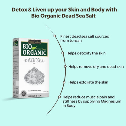 Bio Organic Dead Sea Salt packaging with product benefits on a light blue background
