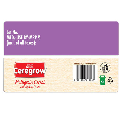 CEREGROW Multigrain Milk & Fruits Cereal | With Iron, Protein, Calcium | 19 Nutrients | 300g, Bag-in-box Pack