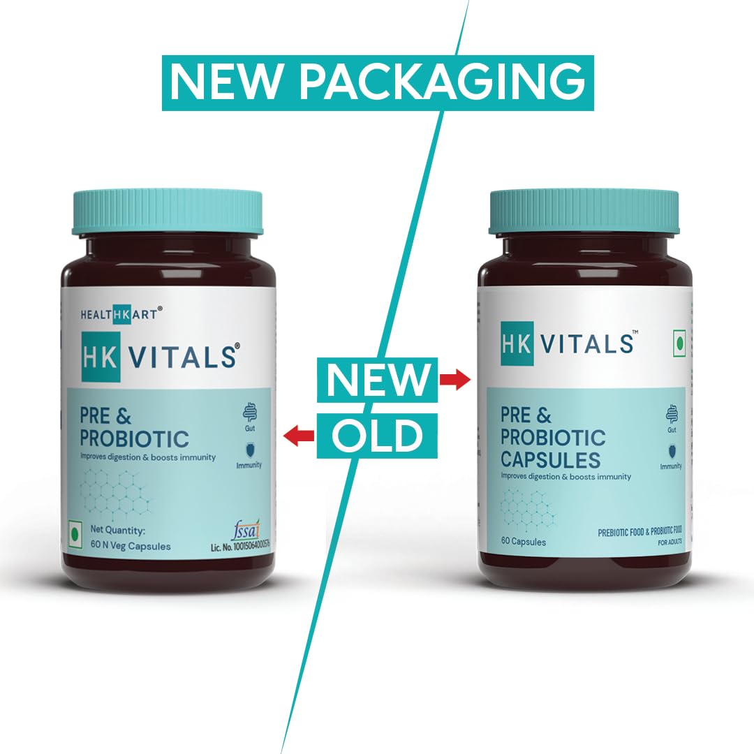 HealthKart HK Vitals Pre & Probiotics (60 Capsules) |With CFU & 100mg Prebiotics | Improves Digestion & Immunity