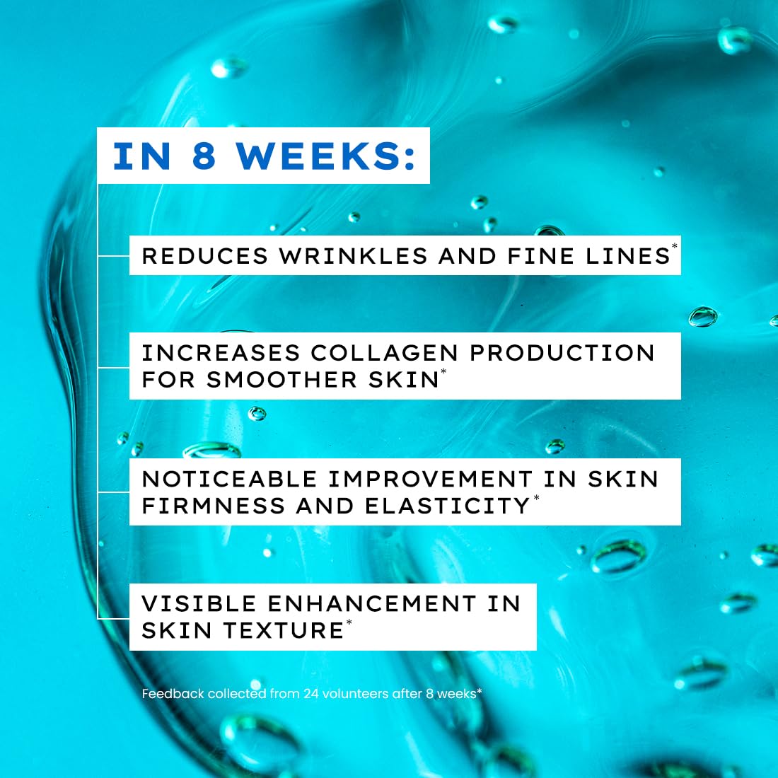 Promotional text about skincare benefits with a blue liquid background
