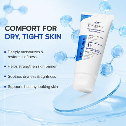 Tube of Forever 52 Hydra Creme with product benefits on a blue background